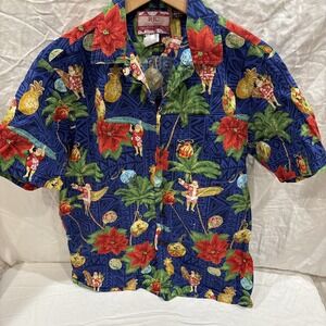 RJC Made in Hawaii Blue Floral Santa S/S Button Up Hawaiian Shirt - Men's M